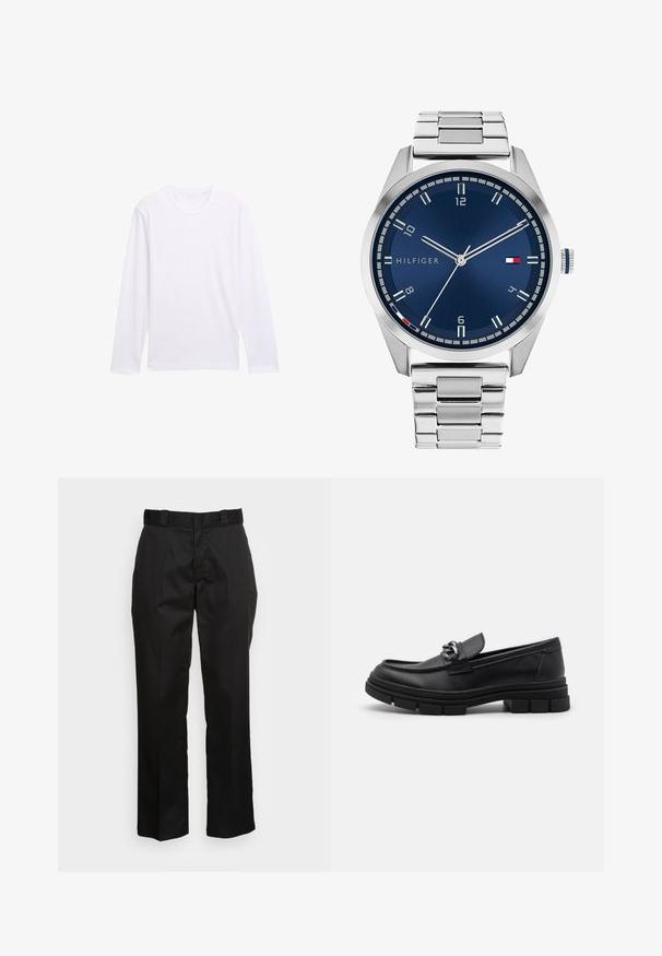 Weißes Langarm-T-Shirt mit rundem Halsausschnitt, aus weichem Baumwollmaterial und einem schlichten, ungeschmückten Design. Keine sichtbaren Logos oder Muster.; Schwarze Hose aus einem glatten Stoff, mit einem geraden Bein Design, Gürtelschlaufen und zwei Seiten Taschen. Klassischer Look ohne Verzierungen.; Schwarzer Lederloafer mit runder Zehenform, einem dekorativen Riemen und Hardware sowie einer robusten, strukturierten Sohle. Glatte Oberfläche mit dezenten Details.; Silberne Metall-Uhr mit einem gebürsteten blauen Zifferblatt, weißen Stundenmarkierungen und einem Datumsanzeiger. Verfügt über ein verlinktes Metallarmband und ein Markenlogo.