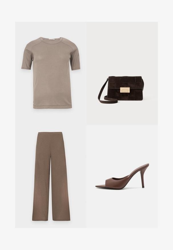 Beige ribbel T-shirt met korte mouwen en een ronde hals, met zichtbare naden op de mouwen en halslijn, plat liggend op een witte achtergrond.; Wijde bruine broek met een platte tailleband, zonder zichtbare zakken of sluitingen, weergegeven op een witte achtergrond.; Bruine leren open-teen hoge hak muiltjes met een slank ontwerp, voorzien van een brede voorkruistrap en een slanke stiletto hiel.; Bruine suède handtas met een gequilt patroon, rechthoekige vorm, gouden hardware en een verstelbare schouderband.; Een paar onregelmatig ovale, gouden metalen oorbellen met een gestructureerd, lichtgehamerd oppervlak op een witte achtergrond.