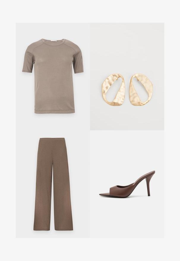 Trumpomis rankovėmis, smėlio spalvos, ribbinis marškinėliai su matomomis siūlėmis rankovėse ir kaklo iškirpte, atidžiai padėti ant balto fono.; Plačios rudos kelnės su plokščia liemenės juosta, be matomų kišenių ar užsegimų, rodomos ant balto fono.; Rudi odos atviri aukšti kulniukai su elegantišku dizainu, turinčiu plačią priekinę juostą ir siauromis stiletto kulkšnimis.; Nedidelis nereguliarus ovalo formos aukso tono metalinių auskarų pora su tekstūruota, šiek tiek kalta paviršiumi ant balto fono.