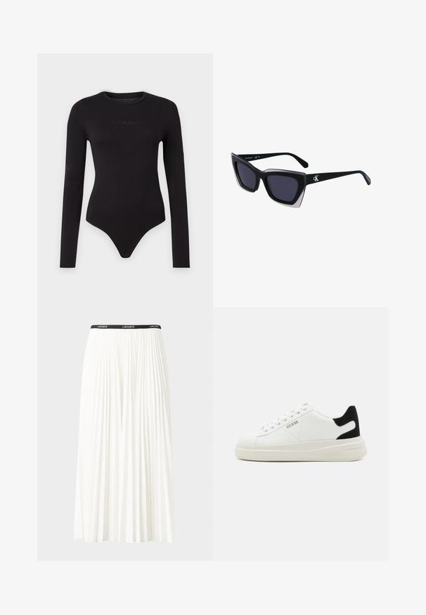 Body negru cu mânecă lungă, realizat dintr-un material moale, având un guler rotund și un logo texturat "Guess Jeans" pe față.; Fustă plisată albă cu un brâu elastic negru, având logo-ul "LACOSTE". Design de lungime medie, cu textură moale.; Adidași din piele albă cu o talpă groasă albă, accent de călcâi din suede negru și logo embosat pe lateral. Design cu șireturi și șase orificii.; Ochelari de soare supradimensionați, negri, cu o formă geometrică, având lentile întunecate și un detaliu gri contrastant pe ramă. Logo pe braț.