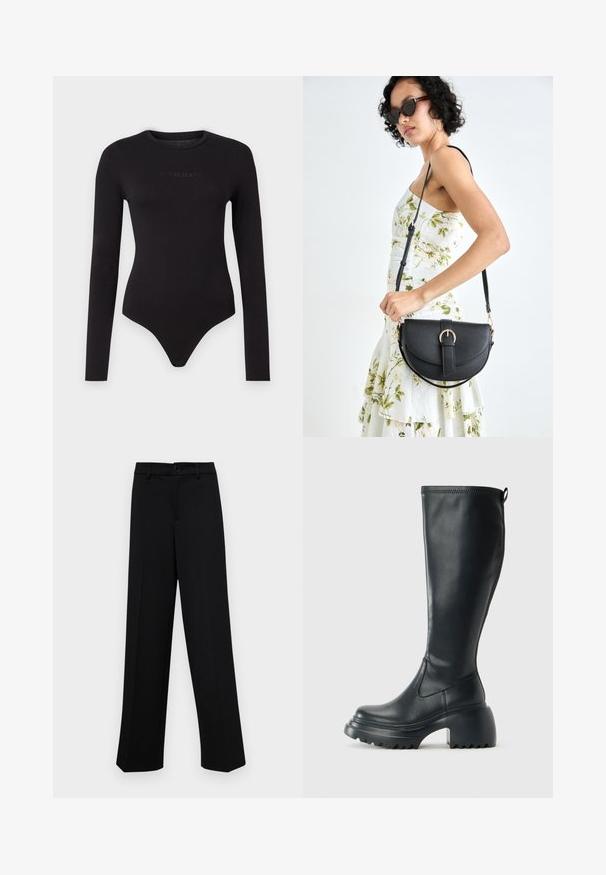 Black long-sleeve bodysuit made of soft fabric, featuring a round neck and a textured "Guess Jeans" logo on the front.; Black wide-leg trousers made of smooth fabric, featuring a classic waistband with a button closure and front pleats.; Tall black leather boot with chunky platform sole and block heel, featuring pull tab and textured tread on outsole.; Black leather handbag with a curved shape, detachable strap, and gold hardware. The bag features a flap with a buckle detail.