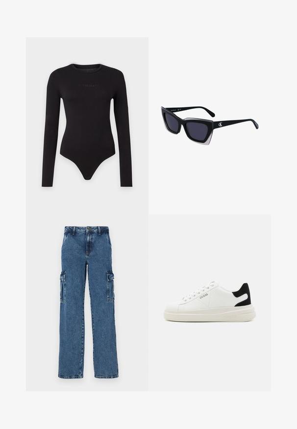 Fekete, hosszú ujjú bodysuit, puha anyagból készült, kerek nyakkivágással és a mellkason található texturált "Guess Jeans" logóval.; Kék farmer cargo nadrág laza szabással, két oldalsó zsebbel, megerősített varrással és egyenes lábbal.; Fehér bőr sportcipők vastag fehér talppal, fekete velúr sarokpikkelyel és dombornyomott logóval az oldalon. Fűzős kialakítás, hat fűzőlyukkal.; Fekete, nagyméretű napszemüveg geometrikus formával, sötét lencsékkel és kontrasztos szürke részlettel a kereten. Logó a szárán.