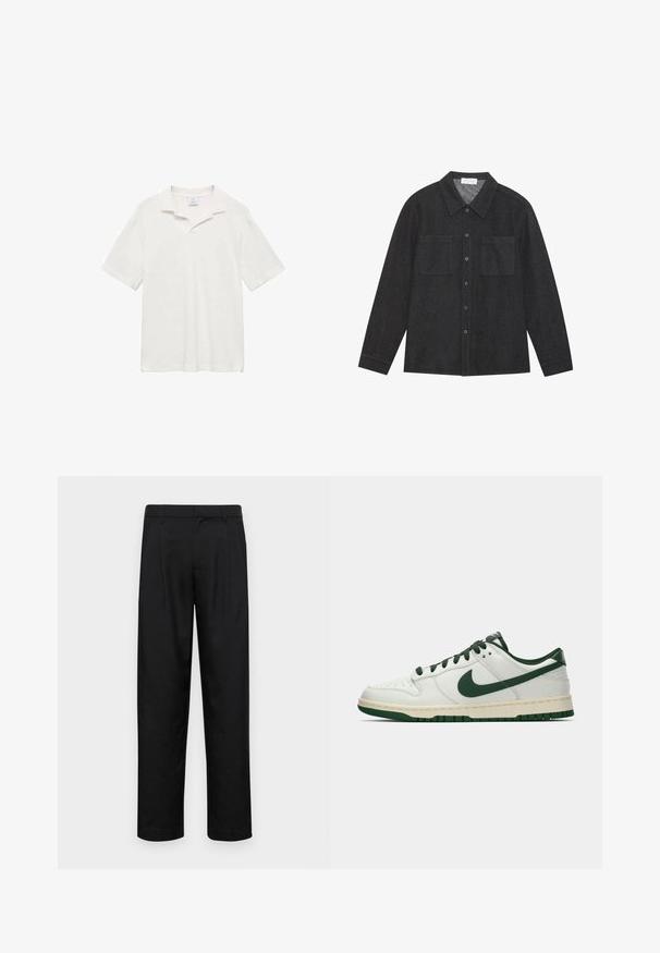 Kortärmad pikétröja i off-white bomull, med klassisk krage, sidoklyftor och en texturerad yta för en bekväm passform.; Mörkgrå skjorta i strukturerad tyg, med spetsig krage, knäppning fram och två bröstfickor. Långa ärmar med knappade manschetter.; Svarta byxor i slät väv, med rak ben-design, två framfickor och standardmidja med bälteshällor.; Vit lågprofilsneaker med mörkgrön Nike-swoosh, snören och sulaccenter, visad i profil mot en neutral vit bakgrund.