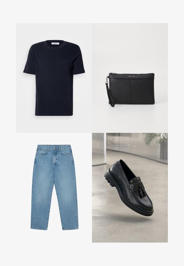 Navy blue cotton t-shirt with short sleeves, round neckline, and small logo detail on the chest. Smooth texture, classic fit.; Light blue denim jeans with a straight-leg cut, five-pocket design, and a slightly faded texture. Features a button and zipper closure.; Black leather loafers with a smooth finish, decorative tassel, thick rubber sole, and stitched accents. Lightweight and sleek design.; Black synthetic clutch with a zip closure, wrist strap, and a smooth texture. Features subtle stitching and a logo embossed on the front.