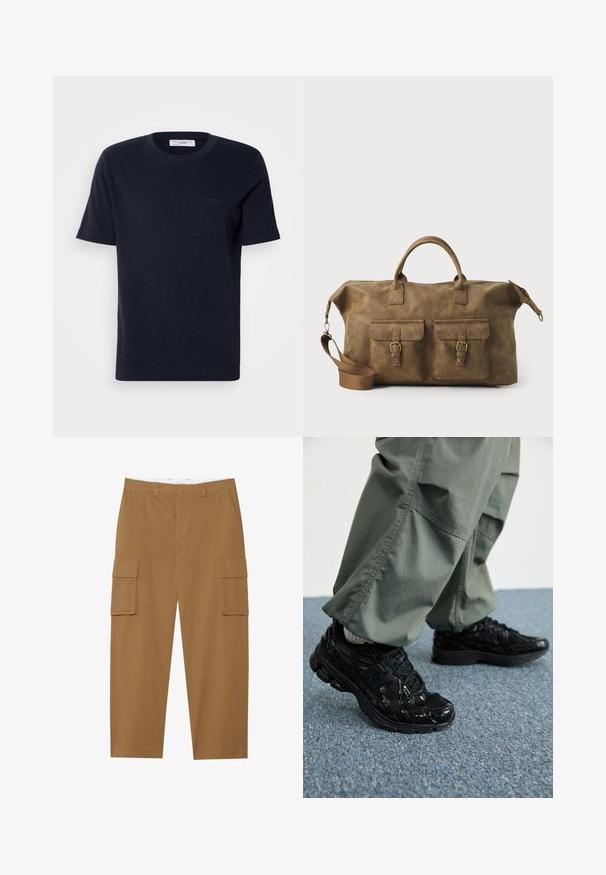 Tricou din bumbac de culoare albastru marin, cu mâneci scurte, guler rotund și un detaliu mic cu logo pe piept. Textură netedă, croială clasică.; Pantaloni cargo maro cu două buzunare laterale, față plată și croială dreaptă. Fabricati dintr-un material durabil, cu o textură netedă.; Adidași negri sport cu texturi lucioase și din plasă, având o talpă groasă și șireturi, asortați cu pantaloni cargo largi de culoare verde măsliniu.; Geantă de voiaj din piele maro, cu două buzunare frontale, curea de umăr ajustabilă, accesorii aurii și mânere superioare rezistente. Textură netedă.