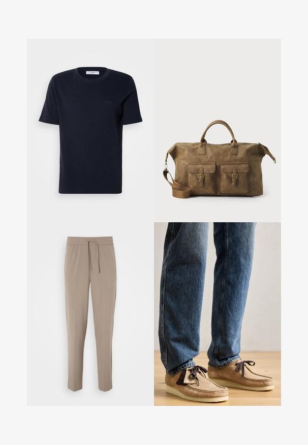 Navyblå bomull t-skjorte med korte ermer, rund hals og liten logo detalj på brystet. Glatt tekstur, klassisk passform.; Lys beige bukser med elastisk talje, justerbar snor og avsmalnede ben. Stoffet ser glatt ut med en svak glans.; Suedes mokasiner i tan med mørkebrune detaljer, rund tå og myk hvit såle. Har snøring og sømdetaljer.; Brun lær duffelbag med to frontlommer, justerbar skulderrem, gullfarget maskinvare og robuste topphåndtak. Glatt tekstur.
