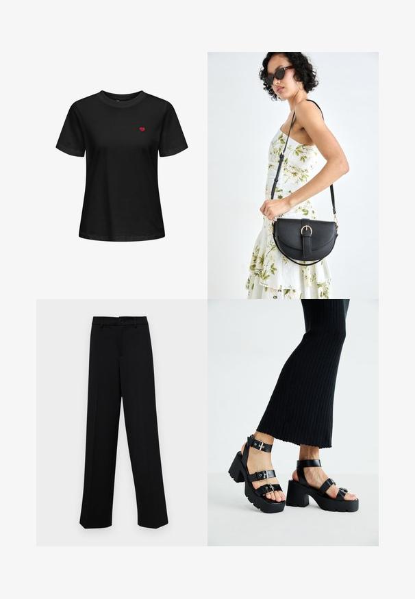 Black cotton t-shirt with a crew neck, short sleeves, and a small red heart embroidered on the left chest area.; Black wide-leg trousers made of smooth fabric, featuring a classic waistband with a button closure and front pleats.; Black platform sandals with chunky, lug soles and multiple straps, featuring metal buckles and a smooth leather-like texture.; Black leather handbag with a curved shape, detachable strap, and gold hardware. The bag features a flap with a buckle detail.