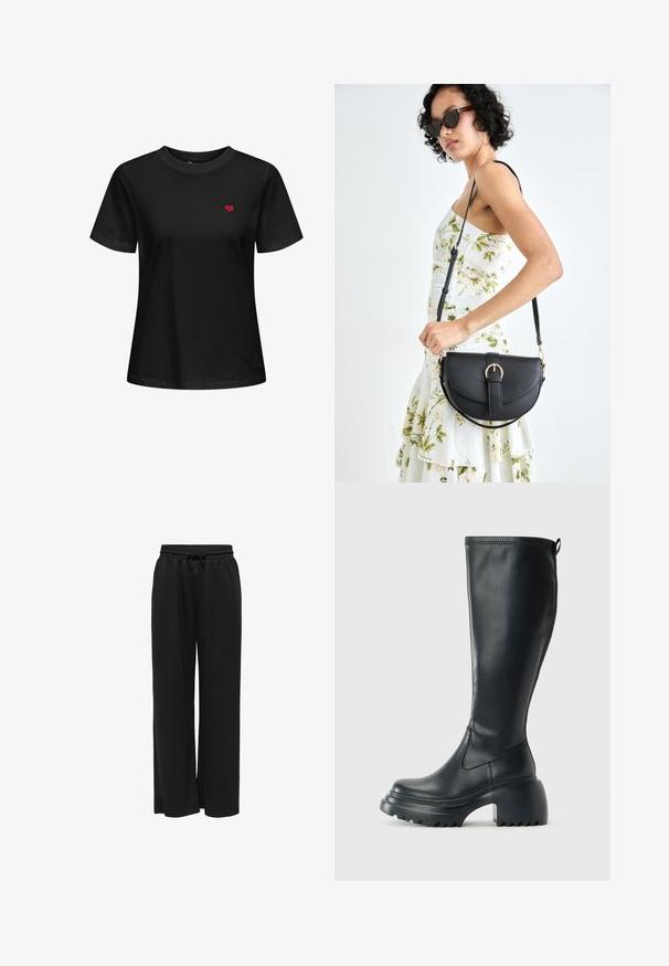 Fekete pamut póló kerek nyakkal, rövid ujjú, a bal mellen egy apró piros szív hímezve.; Fekete, bő szárú nadrág puha anyagból, állítható derékpánttal és húzózsinórral. Nincsenek minták vagy díszítések.; Magas fekete bőrcipő, vastag platform talppal és blokk sarokkal, húzófüllel és texturált profillal az outsole-on.; Fekete bőrtáska ívelt formával, levehető pánttal és arany színű fémrészekkel. A táskán egy csattal díszített fedél található.