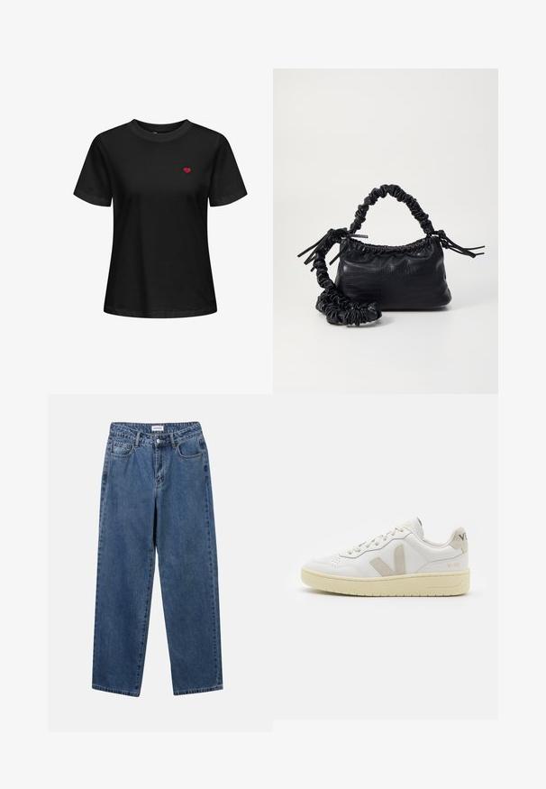 Black cotton t-shirt with a crew neck, short sleeves, and a small red heart embroidered on the left chest area.; Classic blue denim jeans with a straight-leg design, five pockets, and a button closure. Features a medium wash and sturdy texture.; White leather sneaker with beige suede accents, perforated toe box, flat laces, and a textured cream sole. Features subtle branding on heel.; Black faux leather handbag with a crocodile texture, cinched top, and a scrunched strap. Appears soft and compact in design.
