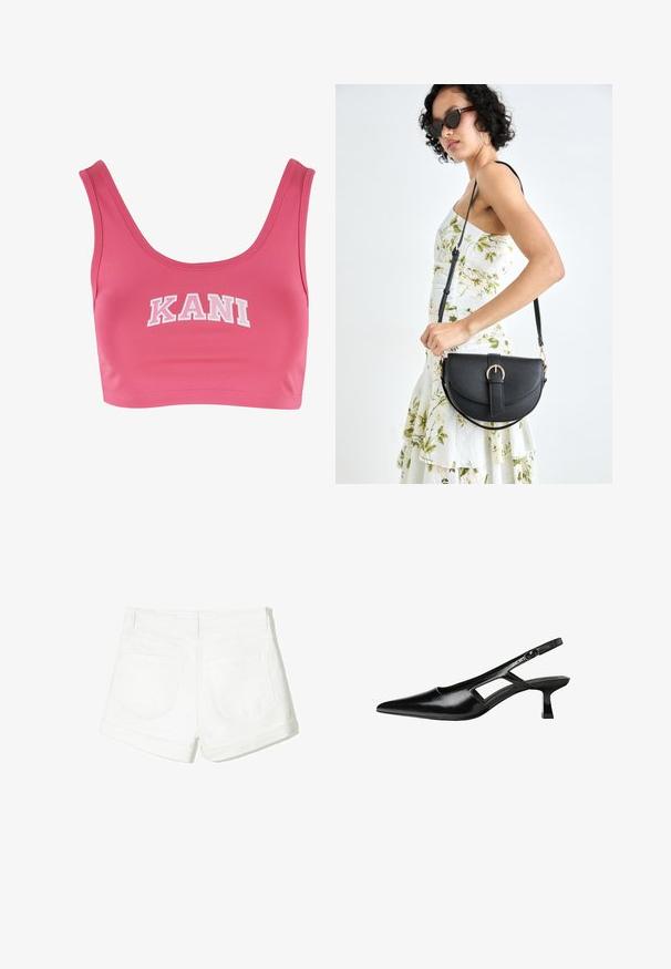 Rosa crop top i mjuktyg med en vid halsringning och tjocka remmar, med "KANI" tryckt i fet vit text på framsidan.; Vita denimshorts med uppvikta sömmar, två bakfickor och en slät yta. Enkelt design utan synlig hårdvara eller mönster.; Svart lackläder slingback-klackar med spetsig tå, utskuren sidor och en liten fyrkantig klack. Slät textur med minimala accenter.; Svart läderhandväska med en böjd form, avtagbar rem och guldiga detaljer. Väskan har ett lock med en spänndetalj.