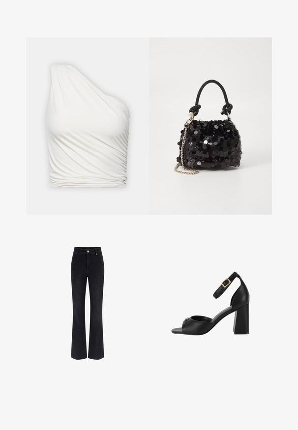 Een mouwloze witte top van lichtgewicht, gedrapeerd materiaal. Heeft een geplooide textuur aan de zijkant en een gladde, vloeiende uitstraling.; Zwarte denim flare jeans met een hoge taille, een vijf-pocket ontwerp en metallic knoopaccenten aan de zijkanten. Glad textuur en klassieke pasvorm.; Zwarte hoge sandaal met een gesloten punt, enkelbandje en vierkante hak. Gladde matte afwerking met een gouden gespaccent op de band.; Zwarte pailletten mini handtas met een geknoopte textuurriem en zilveren ketting. Rondvormig met een geplooide bovenkant en reflecterende details.