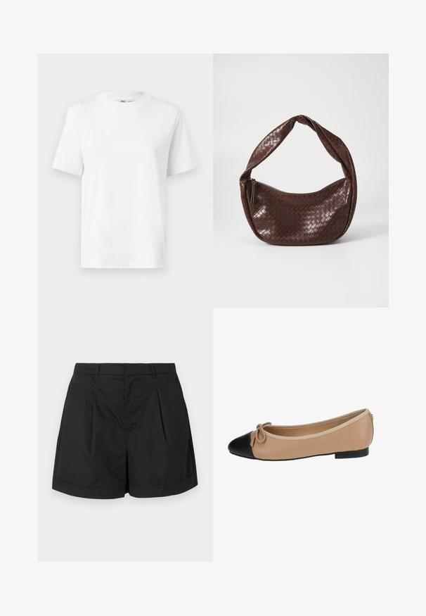 T-shirt bianca in cotone a girocollo con maniche corte e una superficie liscia. Disegnata con una vestibilità rilassata per comfort e versatilità.; Pantaloni corti neri realizzati in un tessuto leggero e liscio. Presentano pieghe sul davanti, una silhouette sartoriale e un risvolto all'orlo.; Ballerine in pelle beige con punta nera. Presenta un dettaglio a fiocco sul davanti e una texture liscia. Design a profilo basso con suola in gomma.; Borsa in pelle intrecciata marrone con manico curvo annodato e chiusura con zip. Texture liscia e forma arrotondata.