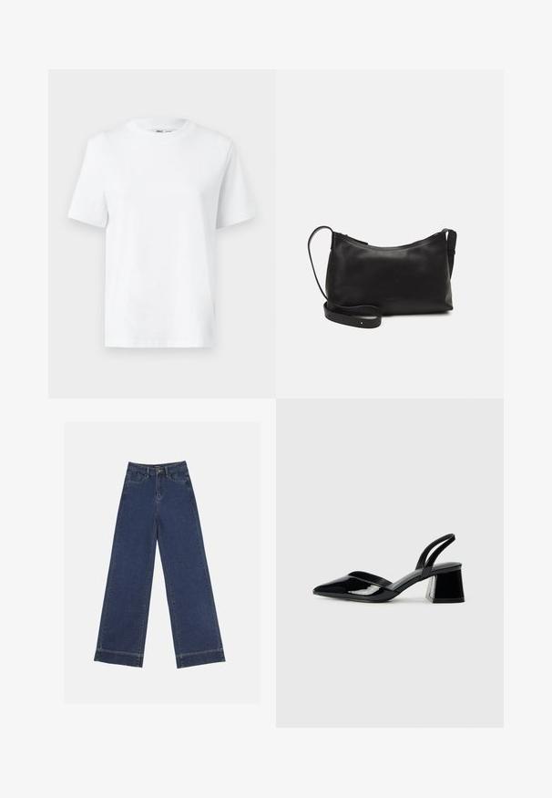 T-shirt bianca in cotone a girocollo con maniche corte e una superficie liscia. Disegnata con una vestibilità rilassata per comfort e versatilità.; Jeans a gamba larga in denim blu scuro. Presentano cinque tasche, passanti per cintura e un orlo grezzo in fondo con dettagli di cucitura visibili.; Décolleté in vernice nera con punta affusolata e tacco in geometria cubica. Presentano un design elegante e minimalista, con una texture liscia.; Borsa a spalla in pelle nera con una texture liscia, forma curva, tracolla regolabile e chiusura con zip. Design minimalista senza ornamenti.