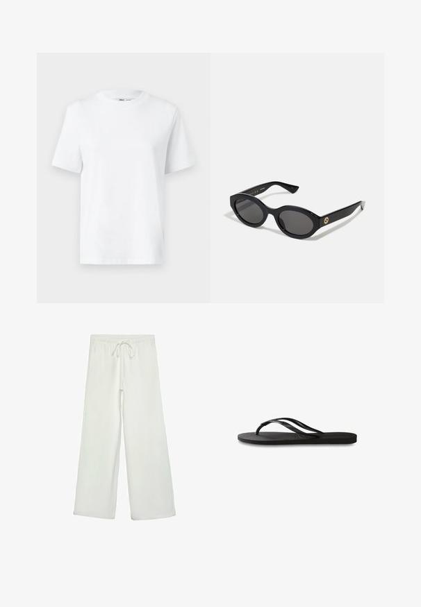Biela bavlnená tričko s okrúhlym výstrihom, krátkymi rukávmi a hladkou textúrou. Navrhnuté s voľným strihom pre pohodlie a univerzálnosť.; Biele nohavice s širokými nohavicami vyrobené z mäkkej tkaniny. Majú elastický pás s šnúrkou a hladký povrch. Žiadne viditeľné vzory ani kovania.; Čierne žabky s textúrovanou gumovou podrážkou, dvoma štíhlymi popruhmi a diskrétnym embosovaným logom na popruhu.; Čierne oválne slnečné okuliare s tmavými sklami a lesklým plastovým rámom. Obsahujú zlaté logo na stráne, čo im dáva elegantný a moderný dizajn.; Čierna tkaná tote taška s dvojitými rukoväťami a odnímateľným ramenným popruhom. Má otvorený vrch a textúrovaný, ľahký materiál.