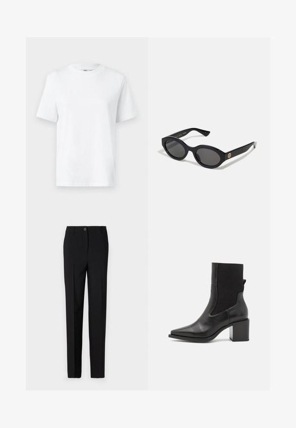 T-shirt en coton blanc à col rond, avec des manches courtes et une texture lisse. Conçu avec une coupe décontractée pour plus de confort et de polyvalence.; Pantalon noir ajusté avec une coupe droite, doté d'une fermeture à bouton et de passants de ceinture, fabriqué en tissu lisse.; Bottine noire avec un embout pointu, fabriquée en cuir lisse et en tissu élastique. Dotée d'un talon bloc et d'un design minimaliste.; Lunettes de soleil ovales noires avec des verres sombres et une monture en plastique brillant. Présente un logo doré sur la branche, offrant un design épuré et moderne.; Sac à main en tissu à motif bleu, présentant une forme courbée, une sangle en cuir noir et un design de logo dans une teinte plus claire.