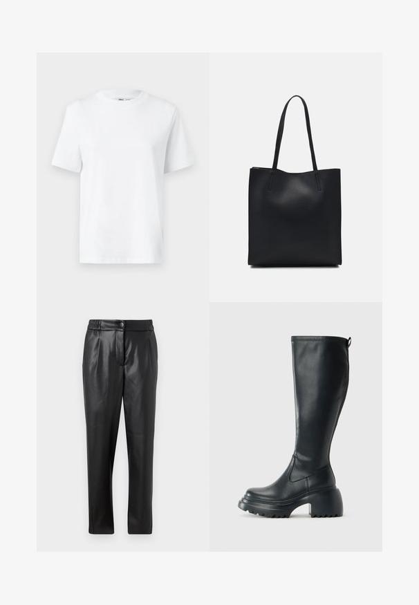 Valkoinen puuvillainen T-paita pyöreällä kaula-aukolla, jossa on lyhyet hihat ja sileä pinta. Suunniteltu rennoksi mukavuuden ja monikäyttöisyyden vuoksi.; Mustat nahkahousut, joissa on sileä pinta, suora leikkaus, joustava vyötärö ja etupainike; poimutettu yksityiskohta ja suppilomaiset lahkeet.; Korkeat mustat nahkakengät, joissa on paksu pohja ja lohkare korko, varustettuna vetonauhalla ja tekstuurilla ulkopohjassa.; Mustapahkainen kangaskassi, jossa on sileä pinta, suorakaiteen muotoinen ja kaksi pitkää kahvaa. Ei näkyvää metalliosaa tai koristeita.