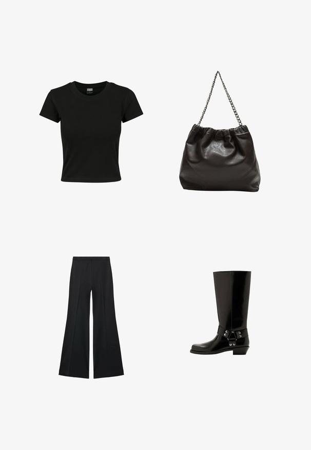 Sort kortærmet t-shirt lavet af glat bomuldsstof, med rund halsudskæring og en tætsiddende pasform. Ingen synlige mønstre eller accenter.; Sorte brede bukser med en glat tekstur, der har fremadrettede folder og en skræddersyet design. Stofferne er lette og flerdimensionelle.; Knæhøj sort gummistøvle med en blank overflade, der har et dekorativt bånd og metalhardware detaljer. Lav, let skrå hæl.; Brun lædertaske med en rynket top og en kædestrop. Glat tekstur med en blank finish og subtile sømdetaljer på siderne.