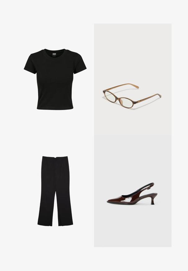 Sort kortærmet t-shirt lavet af glat bomuldsstof, med rund halsudskæring og en tætsiddende pasform. Ingen synlige mønstre eller accenter.; Sorte bukser med lige pasform, der har frontlommer og slidser i kanten. Lavet af blødt, glat stof. Velegnet til forskellige anledninger.; Brun patenteret læder slingback sko med spids tå og en moderat hæl. Har en spænde rem for en sikker pasform. Glat tekstur.; Brune skildpaddemønstrede briller med ovale linser, tynde arme og gennemsigtige accenter. Har et diskret logo på stangen. Slankt, let design.
