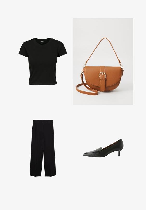 Svart kortärmad t-shirt tillverkad av slät bomullsmaterial, med rund halsringning och en figurnära passform. Inga synliga mönster eller dekorationer.; Svarta vida byxor i en mjuk tygkvalitet, med veck framtill och sidofickor, designade med en rak och avslappnad passform.; Svart läderklackskor med spetsig tå och dekorativ rem. Har en låg stilettklack och slät yta.; Brun läder crossbody-väska med en böjd form, gyllene detaljer och en spänneaccent. Har en avtagbar axelrem.