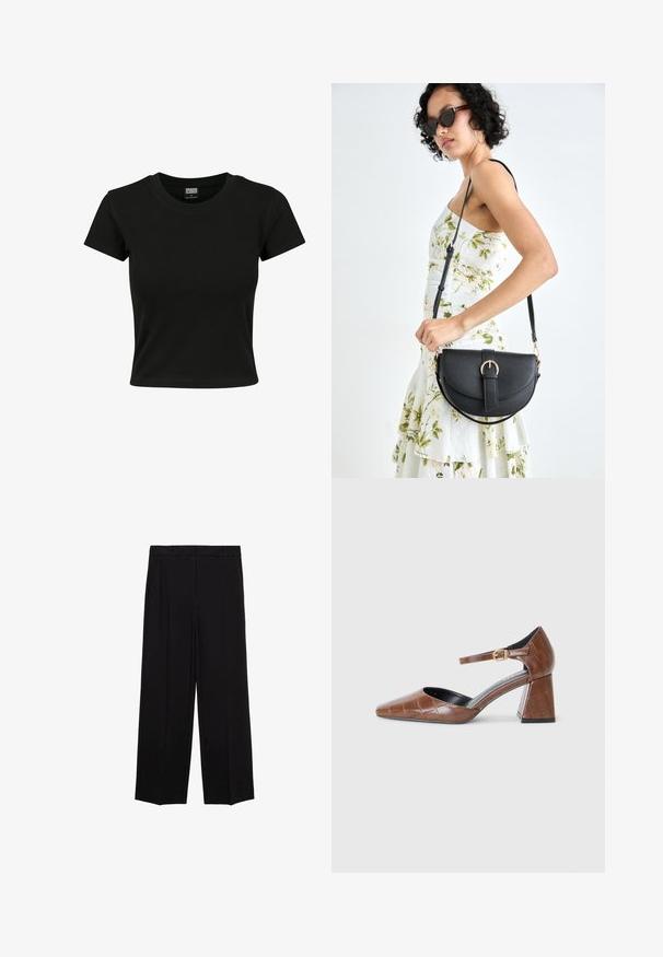 Mustat lyhythihaiset t-paidat, jotka on valmistettu sileästä puuvillamateriaalista. Paidassa on pyöreä pääntie ja vartalonmyötäinen muoto. Ei näkyviä kuvioita tai yksityiskohtia.; Mustat leveät housut, joissa on sileä kangas, etuosassa laskokset ja sivutaskut, suunniteltu suoralla, rentolla leikkauksella.; Ruskeat patenttivinyylikorkokengät, joissa on neliömäinen kärki, teksturoitu krokotiilihahmo, nilkkaremmi kultaisella soljella ja paksu korko.; Musta nahkainen käsilaukku, joka on kaareva muotoilultaan, irrotettavalla hihnalla ja kultaisilla yksityiskohdilla. Laukussa on läppä, jossa on solk yksityiskohta.