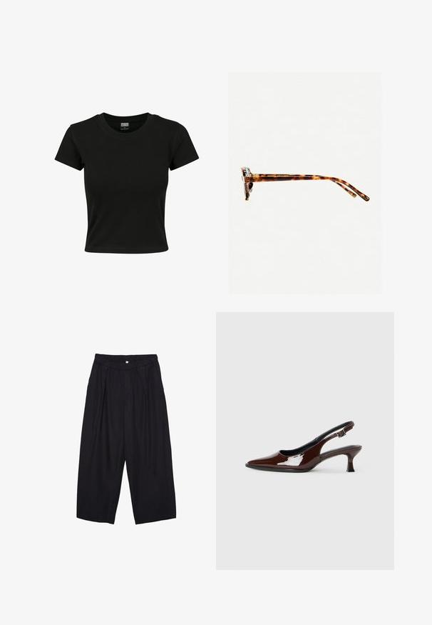 Černé tričko s krátkým rukávem vyrobené z hladké bavlněné tkaniny, s kulatým výstřihem a přiléhavým střihem. Žádné viditelné vzory nebo akcenty.; Černé polyesterové culotte kalhoty s elastickým pasem, dvěma předními sklady a volným siluetou. Žádné viditelné vzory ani kovové detaily.; Hnědé lakované kožené slingback boty s špičatou špičkou a mírným podpatkem. Disponují přezkou pro bezpečné upevnění. Hladký povrch.; Sluneční brýle v želvovinovém designu s tlustým rámem, mírně zakřivenými spánky a hladkým povrchem. Klasický design s lesklým finišem.