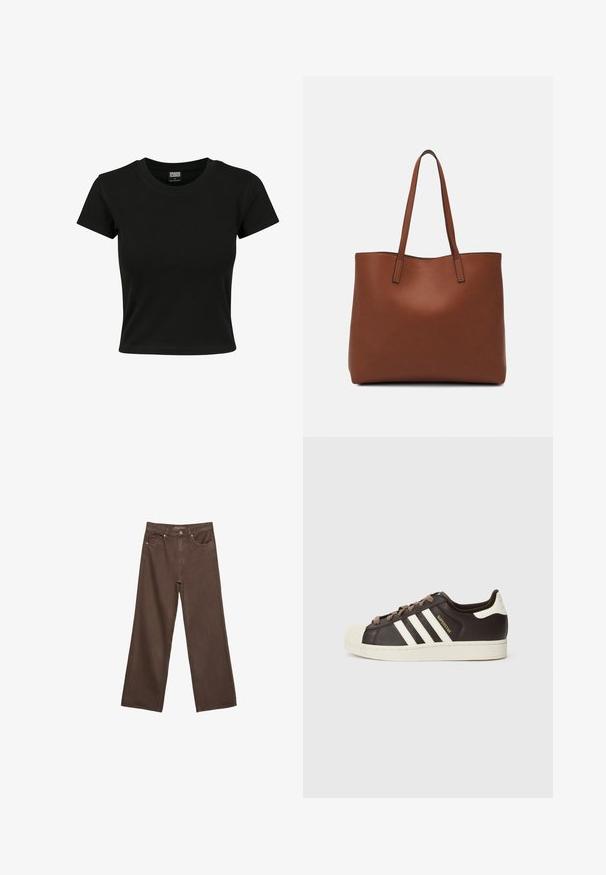 Sort kortærmet t-shirt lavet af glat bomuldsstof, med rund halsudskæring og en tætsiddende pasform. Ingen synlige mønstre eller accenter.; Bredde ben brun denim jeans med høj talje, forlommer og klassisk knaplukning. Glat tekstur med diskret syninger.; Low-top Adidas Superstar-sneaker i mørkebrunt læder med cremefarvet skal-tå, hvide striber og teksten "Superstar" på siden.; Brun læder tote taske med en glat overflade, åben topdesign og to skulderremme. Har minimal syning og ingen synlig hardware.