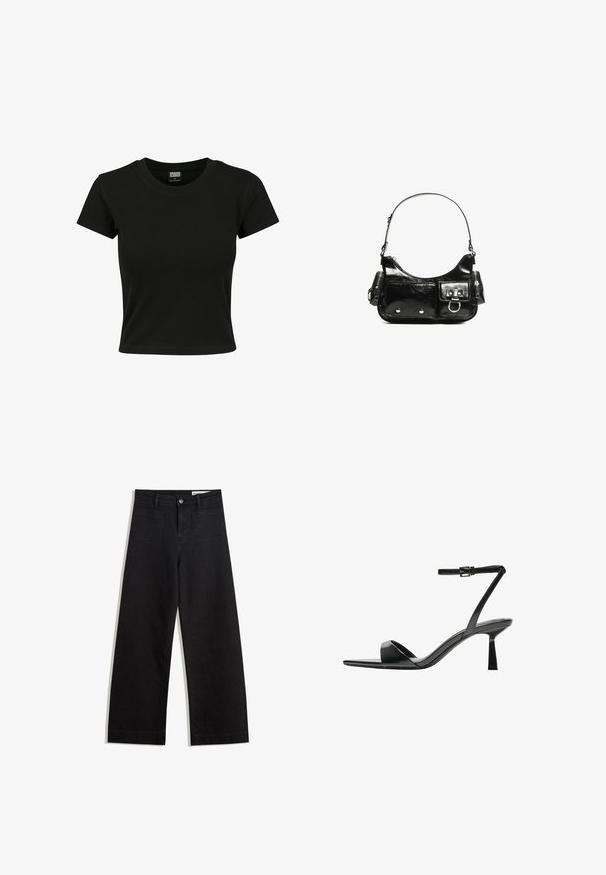 T-shirt nera a maniche corte realizzata in cotone morbido, con scollatura rotonda e taglio aderente. Nessun motivo o dettaglio visibile.; Pantaloni in denim neri a gamba larga con vita alta, dotati di tasche anteriori e posteriori, cuciture a punto, e chiusura con bottone. Texture liscia.; Bershka Sandali con tacco - black; Borsa a spalla in vernice nera con forma curvata, una tracolla, tasche frontali e dettagli in metallo argentato.