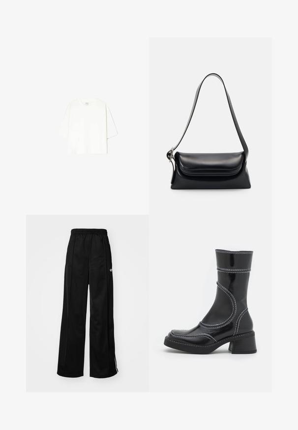 Bílý krátký rukáv tričko vyrobené z bavlny. Má kulatý výstřih a uvolněný střih. Hladká textura bez viditelných vzorů nebo akcentů.; Černé široké sportovní kalhoty s elastickým pasem, na kterých jsou bílé boční pruhy a malé logo na levém boku. Hladká textilie.; Černé lakované kotníkové boty s bílým prošíváním, kulatou špičkou a blokovým podpatkem. Charakteryzují se zakřivenými designovými liniemi a hladkým povrchem.; Černá kožená kabelka se strukturovaným tvarem, hladkým povrchem a jedním ramenním popruhem. Obsahuje jemně zaoblený design klopy.