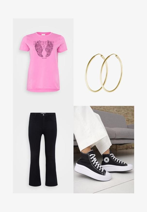 ONLY Carmakoma CARMIKO LIFE WASHED TEE - Trükipildiga T-särk - super pink; ONLY Carmakoma CARTHUNDER PUSH UP - Alt laienevad teksad - black denim; Mustad kõrge säärega tossud valgete kummist tallade ja paeltega. Omad ümmargust logomärki ja kontrastset valget õmblust. Materjaliks lõuend.; Kuldne rõngaskõrvarõngad, millel on sujuv ja ümar disain, ning läikiv viimistlus. Kerge konstruktsioon koos kindla klambriga.