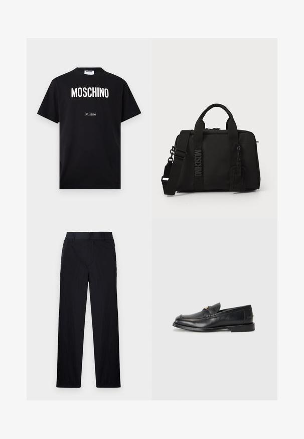 Tricou negru din bumbac cu logo alb „MOSCHINO” și textul „Milano”, mâneci scurte, gât rotund și tiv drept. Design simplu.; Pantaloni negri dintr-un material ușor, texturat, cu croială drept pentru picioare, talie elastică și buzunare laterale cu fermoar.; Loafers din piele neagră au un vârf rotunjit, detalii cusute și un mic accent auriu în față. Talpa este plată și discretă.; Sac textil negru cu mânere duale și curea de umăr detașabilă. Prezintă un logo embosat și o etichetă din piele. Textură netedă, formă dreptunghiulară.