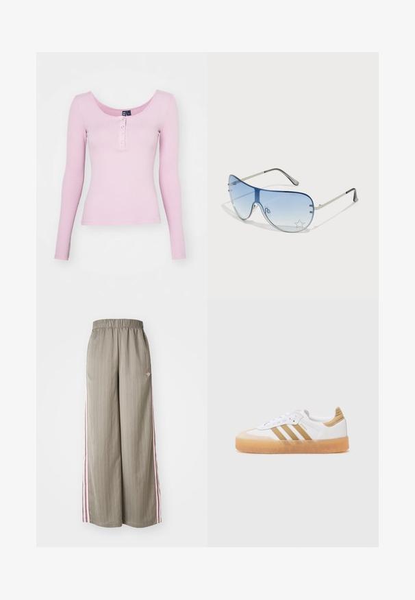 Rózsaszín bordázott hosszú ujjú felső, lekerekített nyakkivágással és öt patenttal az elején. Simaság és testre simuló dizájn jellemzi.; Világos olíva zöld, széles szárú nadrág, függőleges csíkokkal, rugalmas derékkal és rózsaszín oldalsávokkal. Az oldalon egy kis logó található.; Fehér sneaker bézs akcentusokkal, három csíkkal, lekerekített orral és átlátszó gumitalppal. Simas bőr és textil anyagok.; Pilóta napszemüveg, melynek áttetsző kék lencséje, ezüst fém kerete és díszes csillag díszítések találhatók a lencsén. Simogató és elegáns dizájn.