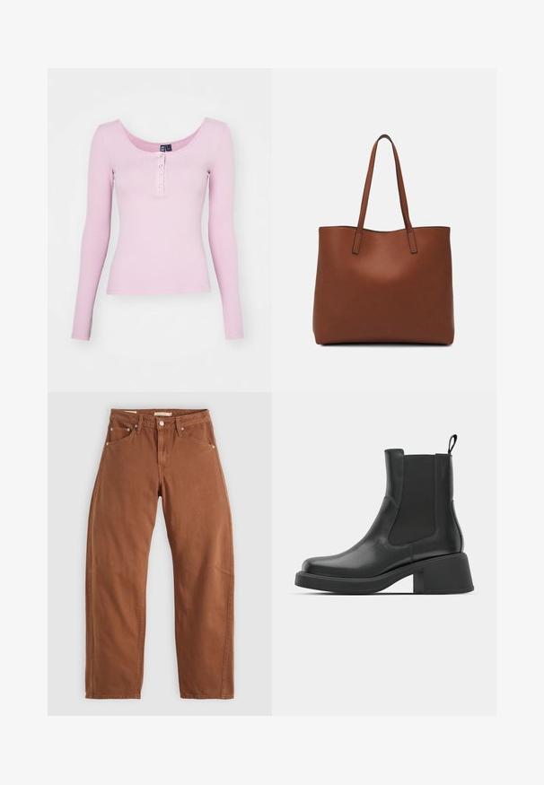 Rosa geripptes Langarmoberteil mit einem Rundhalsausschnitt und fünf Druckknöpfen an der Vorderseite. Glatte Textur mit einer figurbetonten Passform.; Rostbraune gerade geschnittene Jeans mit Vorder- und Hintertaschen, Metallnieten, Knopfverschluss und Gürtelschlaufen, flach auf einem weißen Hintergrund ausgelegt.; Schwarze Leder-Stiefeletten mit elastischen Seitenpanelen, abgerundetem Zehenbereich und einem klobigen Blockabsatz. Glatte Textur mit einem minimalistischen Design.; Braune Leder-Tote mit glatter Textur, offenem Oberteil und zwei Schulterriemen. Verfügt über minimale Nähte und keine sichtbaren Beschläge.