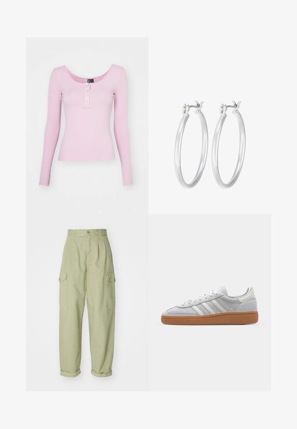 Roza rebrasta majica dugih rukava s izrezom u obliku kruške i pet dugmadi na prednjem dijelu. Glatka tekstura s pripijenim dizajnom.; Svijetlozelene cargo hlače od pamučne tkanine. Imaju visok struk, uvijene manžete i dva bočna cargo džepa za dodatnu praktičnost.; Svijetlosivi nubuk tenisice s bijelim kožnim detaljima, tri bijele pruge i smeđa gumena potplat, s podstavljenim ovratnikom radi udobnosti.; Srebrne kružne naušnice s glatkom, poliranom površinom. Okrugli oblik i sigurno kopčanje na klik. Lagani dizajn pogodan za svakodnevno nošenje.