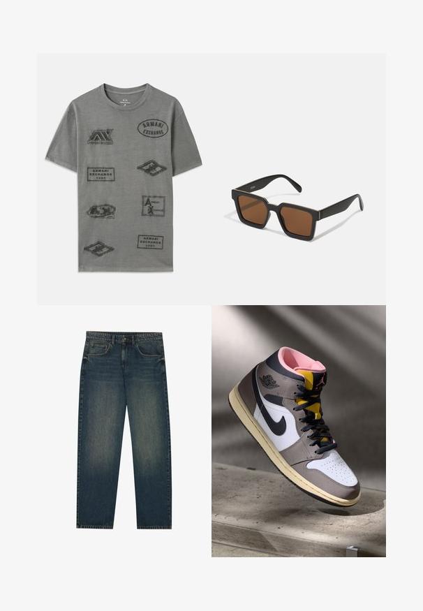 Pilka medvilninė marškinėlių su daugybe reljefinių ženkliukų, kurie turi "Armani Exchange" prekės ženklą įvairių formų ir dydžių. Apvali kaklo išpjova.; Tamsiai mėlyni džinsai su tiesiu kirpimu, penkių kišenių dizainu ir šiek tiek nudilusiomis kojomis. Tinka kasdieniam dėvėjimui.; Balti Nike Air Jordan aukšti sportbačiai balta, pilka ir juoda spalva su rožine vidine dalimi ir geltonu liežuvėliu, padėti ant betono paviršiaus.; Juodos kvadratinės saulės akinius su rudais stiklai, turintys matinį paviršių ir auksinius akcentus ant rėmelio. Dizainas yra kampuotas su plačiomis rankenomis.; Casio stačiakampis laikrodis su baltu ciferblatu, auksiniais akcentais, romėniškais skaičiais ir rudą krokodilo odos rašto dirželiu. Atsparus vandeniui.