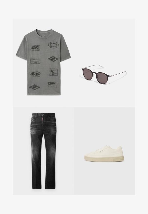 Sivý bavlnený tričko s viacerými embosovanými nášivkami s brandingom "Armani Exchange" v rôznych tvaroch a veľkostiach. Návrh s okrúhlym výstrihom.; Čierne denimové džínsy so štandardným strihom. Obsahujú vyblednuté oblasti, drobné opotrebenie, klasický dizajn s piatimi vreckami a zapínanie na gombík.; Biele plátenné tenisky s textúrovanou gumovou podrážkou, so šitým špičkovým krytom a logom na päte. Jednoduchý dizajn so šnurovaním.; Čierne okrúhle slnečné okuliare s tmavými sklami a tenkými kovovými ramenami. Obsahujú priehľadné konce rámov a strieborné akcenty na pántoch. Minimalistický dizajn.