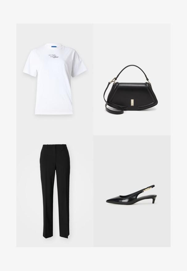 Witte katoenen T-shirt met korte mouwen en een ronde hals. Voorzien van de tekst "GEEN TIJD VOOR LIEFDE" in zwarte cursieve letters op de voorkant.; Zwarte op maat gemaakte broek met een recht model, voorzien van een soepele textuur en scherpe plooien aan de voorkant. Geen zichtbare hardware.; Zwarte leren slingback hakken met een spitse neus, voorzien van een slanke hak en een goudkleurige accent op de verstelbare band. Gladde textuur.; Zwarte leren handtas met een gestructureerd ontwerp, featuring een verkorte vorm, bovenhandvat en gouden hardwareaccent. Inclusief verstelbare schouderband.