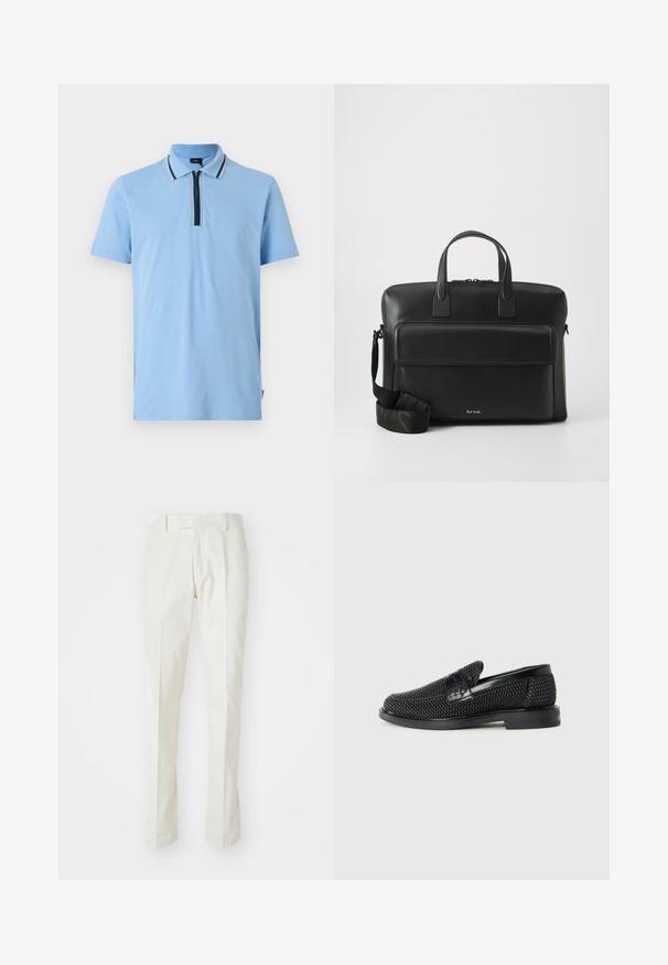 Ljusblå polo med korta ärmar, krage och dragkedja framtill. Har kontrasterande ränder längs kragen och knäppningen.; Vita byxor i bomull, med rak passform, slät front och utan synliga mönster eller beslag. Slät yta.; Svart vävd slip-on sko med en slät läderdetalj på ovansidan, med rund tådesign och en låg gummisula.; Svart läderportfölj med dubbla handtag upptill, en framficka och en avtagbar rem, med subtil märkning nedtill.