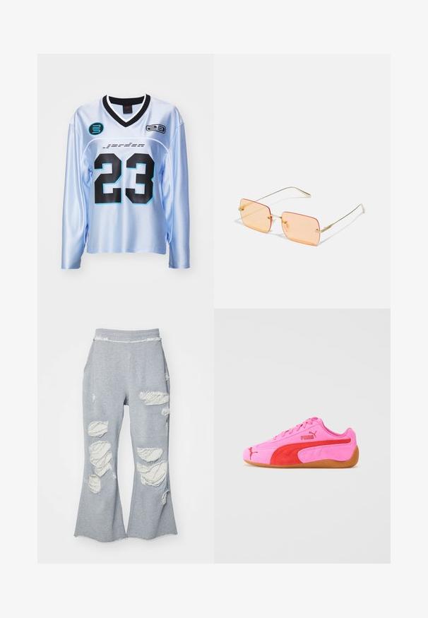 Világoskék, hosszú ujjú mez fekete kiegészítőkkel, nagy fekete "23"-as számmal és fekete, valamint aqua kék logófoltokkal rendelkezik. Simább textúrával bír.; Szürke melegítőnadrág, trapéz fazonnal, több elhasználódott folttal, amelyek világosabb szövetet tárnak fel. Rugalmas derekú, a kényelem érdekében.; Rózsaszín velúr sportcipő piros részletekkel, gumitalppal és jellegzetes logókkal. Lekerekített orral és fűzős kivitelekkel rendelkezik.; Arany fémkeretes napszemüveg téglalap alakú, narancsszínű lencsékkel. Jellegzetesen vékony szárak és finom textúrázott díszek a pántok közelében.