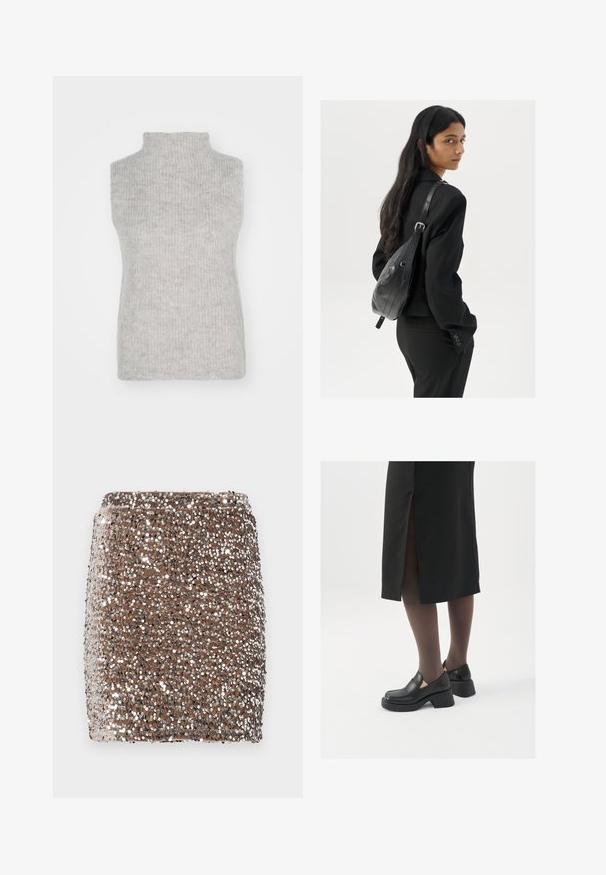 Jasnoszary bezrękawnik z wysokim kołnierzem w prążkowanym splocie, prezentujący miękki materiał oraz dopasowany krój.; Brązowa mini spódnica z cekinami o dopasowanym kroju, pokryta lustrzanymi srebrnymi cekinami, tworzącymi fakturowany, błyszczący efekt.; Czarne skórzane buty z okrągłym noskiem, grubym blokowym obcasem i elastycznymi akcentami po bokach, zestawione z ciemnymi rajstopami i czarną spódnicą z rozcięciem.; Kobieta z długimi ciemnymi włosami, ubrana w czarny garnitur, trzymająca czarną skórzaną torbę na ramię, spoglądająca przez ramię na białym tle.; Srebrne kolczyki w formie obręczy o minimalistycznym designie. Okrągły kształt, gładka faktura i cienki profil. Lekkie, z polerowanym wykończeniem.
