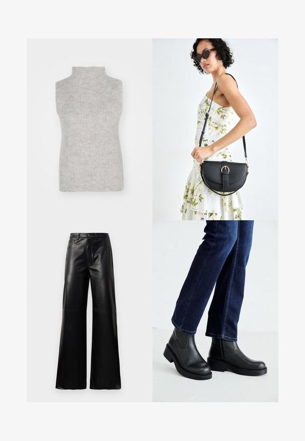 Light gray sleeveless turtleneck sweater in a ribbed knit texture, showcasing soft fabric and a fitted design.; Black high-waist wide-leg faux leather pants with front button, zip closure, belt loops, and side pockets on white background.; Black leather ankle boots with a chunky sole and side elastic panels, paired with dark blue jeans. The ground is light-colored.; Black leather handbag with a curved shape, detachable strap, and gold hardware. The bag features a flap with a buckle detail.