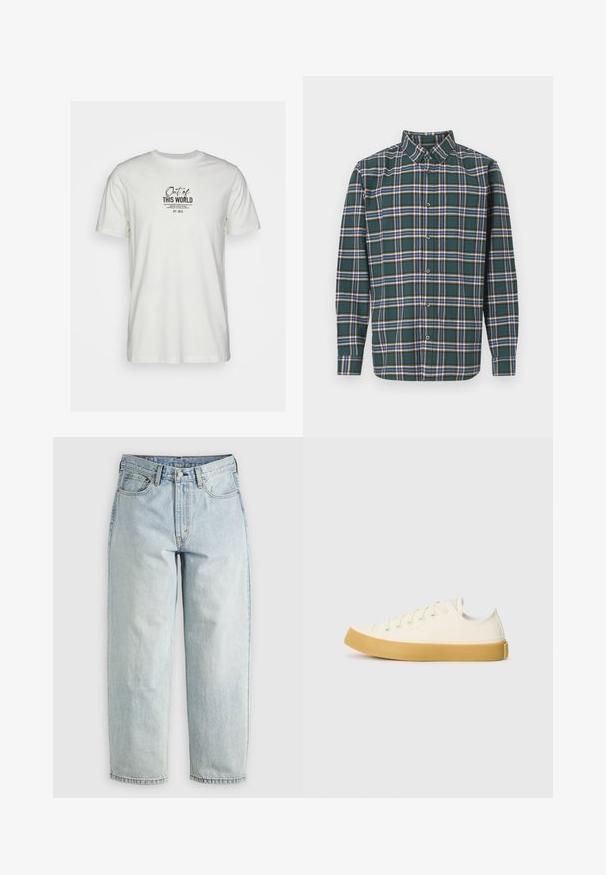White cotton t-shirt featuring a black graphic print with text. Short sleeves and crew neckline, simple design with no additional embellishments.; Green flannel shirt with a plaid pattern featuring blue, white, and mustard yellow lines. Buttoned front and pointed collar. Long sleeves.; Light blue denim jeans with a straight leg, five pockets, and a button-fly closure; features faded areas and subtle stitching details.; Canvas sneakers in off-white with a round toe, featuring beige rubber soles and five eyelets for laces, textured finish on the upper.
