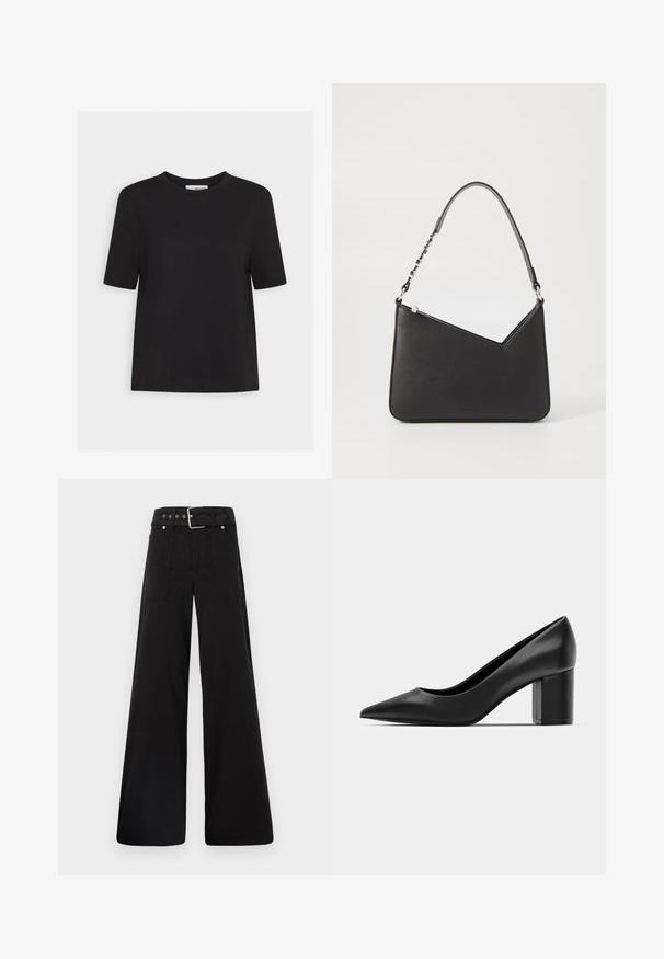Camiseta de algodón negra con cuello redondo, mangas cortas y dobladillo recto. Diseño simple, sin patrones o acentos visibles.; Pantalones de pierna ancha negros, hechos de algodón, con cintura alta, grandes bolsillos laterales y una cintura ceñida con un cinturón que presenta acentos de metal plateado.; Zapato de charol negro con puntera afilada y tacón cuadrado ancho. Textura suave, diseño simple, adecuado para entornos formales.; Bolso de mano de piel negra con forma triangular, una correa delgada y herrajes plateados. Cuenta con un cierre de cremallera y un logo en relieve en la parte frontal.