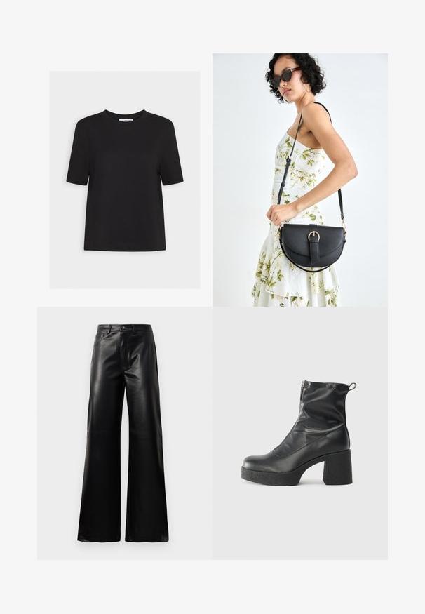 Čierne bavlnené tričko s okrúhlym výstrihom, krátkymi rukávmi a rovnými lemami. Jednoduchý dizajn, bez viditeľných vzorov alebo akcentov.; Čierne vysokopriestené široké nohavice z umelého kože s predným gombíkom, zipsom, pútkami na opasok a bočnými vreckami na bielom pozadí.; Čierne členkové topánky z hladkej kože, so bočným zipsom, robustnou textúrovanou pätnou časťou a zaobleným dizajnom špičky.; Čierna kožená kabelka s zaobleným tvarom, odnímateľným popruhom a zlatými doplnkami. Kabelka má klopu s detailom s prackou.