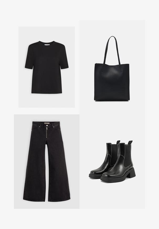 Sort bomulds t-shirt med rund hals, korte ærmer og lige kant. Simpelt design uden synlige mønstre eller detaljer.; Vide ben jeans i sort denim med lynlås foran, fem lomme-design og subtile stikninger. Glat tekstur og afslappet stil.; Sorte læder Chelsea-støvler med en kraftig hæl, elastiske sidepaneler og kontrastfarvet hvid syning. Tekstureret overflade.; Sort læder tote taske med glat tekstur, rektangulær form og to lange hanke. Ingen synlig hardware eller udsmykninger.