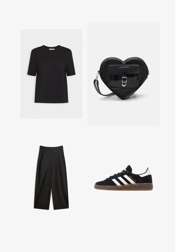 Fekete pamut póló kerek nyakkal, rövid ujjú és egyenes aljjal. Egyszerű dizájn, nincs látható minta vagy díszítés.; Fekete, bő szabású nadrág sima anyagból. Elöl pliszé, gombos záródással és szabott derékkal rendelkezik a karcsú illeszkedés érdekében.; Fekete Adidas sneaker fehér csíkokkal, arany "Spezial" felirattal, gumitalppal és fehér saroktabbal, profil nézetben bemutatva.; Fekete szív alakú táska lakkbőrből, elülső zsebbel, csattal záródik és levehető pánttal rendelkezik. Ezüst színű kiegészítők.