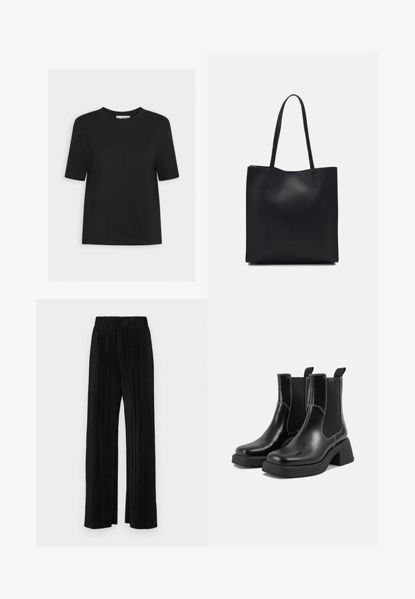 Sort bomulds t-shirt med rund hals, korte ærmer og lige kant. Simpelt design uden synlige mønstre eller detaljer.; Sorte plisserede bukser med elastisk talje. Har brede ben og et glat, tekstureret stof med lodrette striber.; Sorte læder Chelsea-støvler med en kraftig hæl, elastiske sidepaneler og kontrastfarvet hvid syning. Tekstureret overflade.; Sort læder tote taske med glat tekstur, rektangulær form og to lange hanke. Ingen synlig hardware eller udsmykninger.