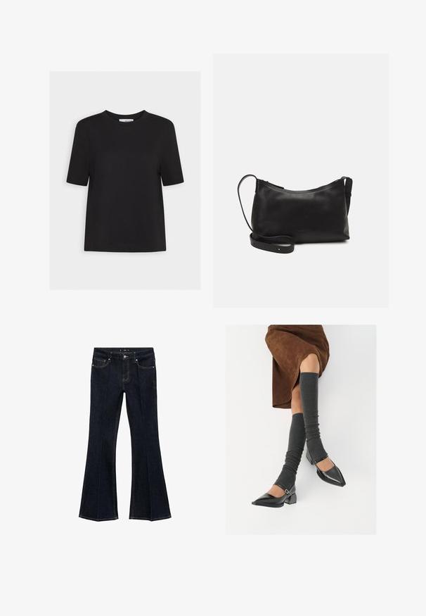 Crna pamučna majica s okruglim izrezom, kratkim rukavima i ravnim rubom. Jednostavan dizajn, bez vidljivih uzoraka ili naglasaka.; Tamno plave traperice visokog struka s prednjim džepovima i širokim nogavicama, prikazane ravno na bijeloj pozadini.; Crne lakirane cipele s šiljastim prstima, blok-petom i remenom oko gležnja, uparene s sivim rebrastim čarapama do koljena i smešnom suknjom od antilopa.; Crna kožna torba na rame s glatkom teksturom, zakrivljenim oblikom, podesivim remenom i zatvaranjem na patentni zatvarač. Minimalistički dizajn bez ukrasa.