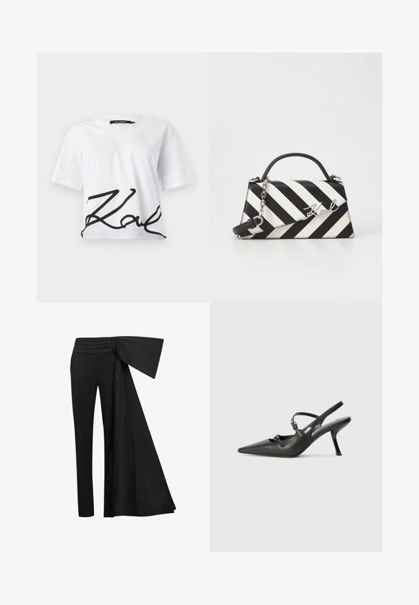 T-shirt branca cropped com decote em V e mangas curtas. Apresenta um grande logótipo cursivo preto na parte inferior da frente. Feita de algodão.; Calças pretas com um amplo detalhe drapeado na cintura. Tecido suave, corte de perna reta e cintura pregueada.; Sapatos de salto alto em couro preto, tipo slingback, com bico pontiagudo, salto esguio e detalhe decorativo em fivela no peito do pé. Textura suave e design elegante.; Bolsa de mão às riscas pretas e brancas com um formato estruturado, apresentando uma alça superior, uma alça de corrente destacável e um detalhe em logotipo metálico.