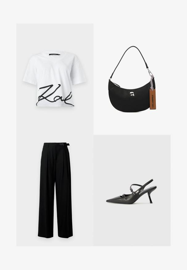 White cropped t-shirt with a v-neck and short sleeves. Features a large black cursive logo across the lower front. Made of cotton.; Black wide-leg trousers with a high waist, pleats at the front, and a belt featuring a buckle. Made from smooth, lightweight fabric.; Black leather slingback heels with a pointed toe, slender heel, and decorative buckle detail on the vamp. Smooth texture and sleek design.; Black leather handbag with a pebbled texture, curved shape, top zipper closure, silver hardware, and a brown tag. Features logo accent.