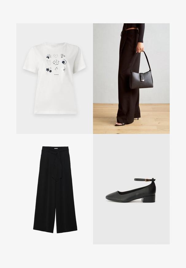 Camiseta de algodón blanca con un diseño impreso de flores y corazones en navy y gris. Cuello redondo y mangas cortas, ajuste casual.; Pantalones de pierna ancha negros con un tejido texturizado, una cinturilla elástica y un lazo desmontable en la cintura para un ajuste ajustable.; Zapato de tacón negro de cuero con punta afilada y tacón bajo cuadrado. Presenta una correa para el tobillo con una hebilla en tono dorado. Textura suave.; Bolso negro con forma estructurada, textura suave y un cierre metálico. Combinado con pantalones anchos negros y sandalias de dedo en un suelo de madera.